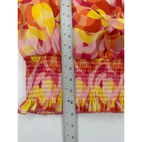NY&C Tie Front Blouse Top Large Pink Yellow Orange Geometric Print Long Sleeve - Picture 6 of 6